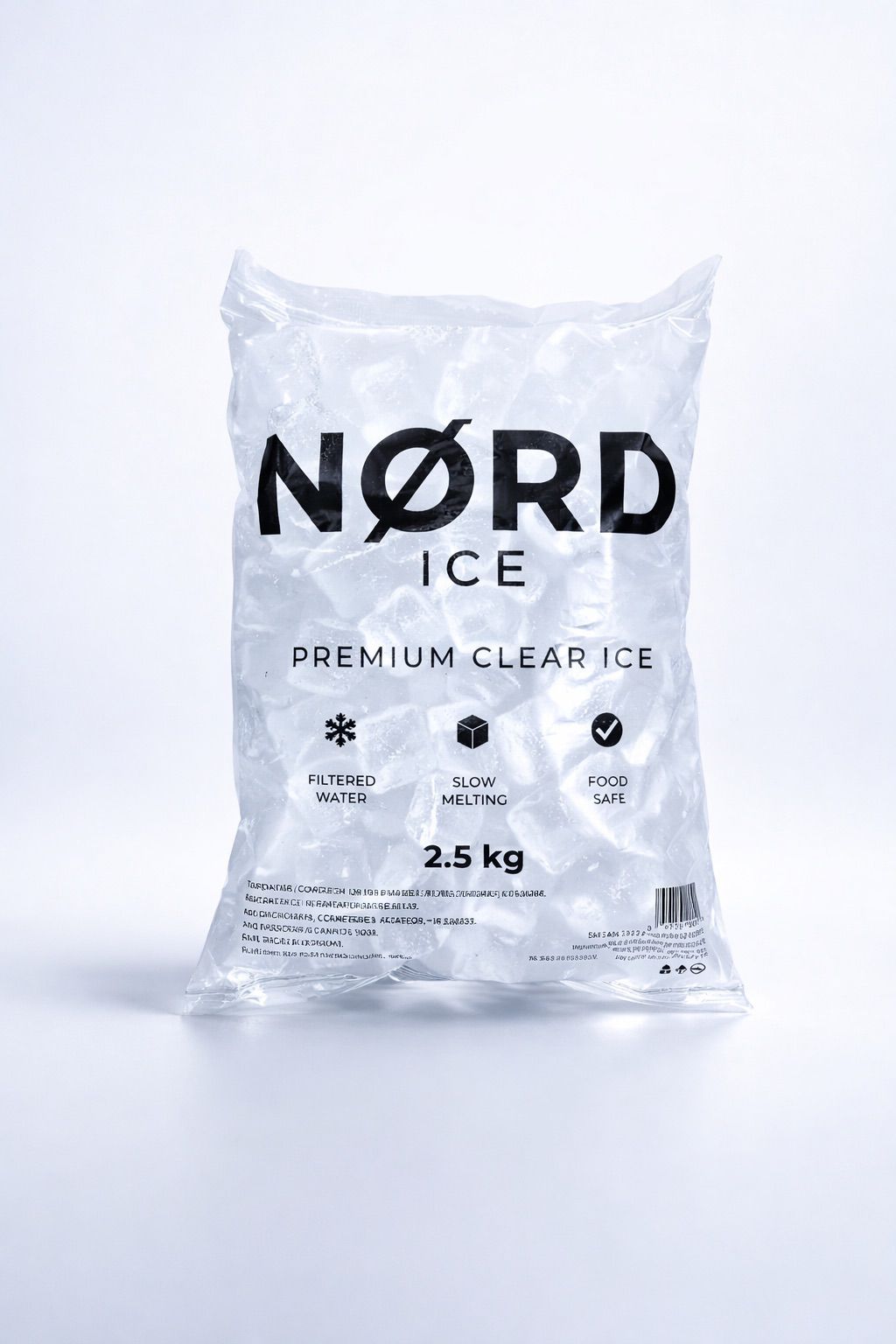 2.5 kg bag of NØRD ICE premium clear ice