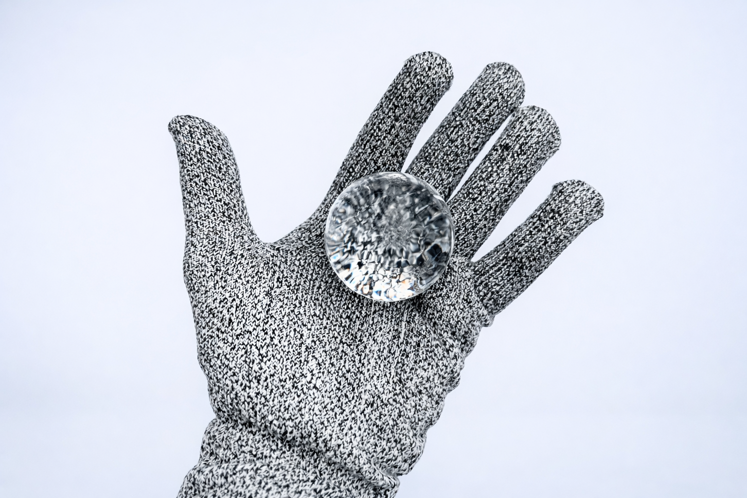 Clear ice sphere held in a gloved hand