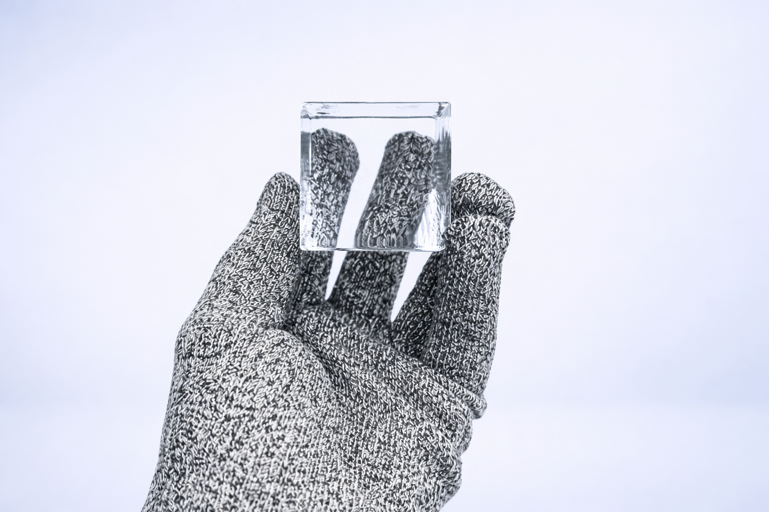 Clear ice cube held in a gloved hand